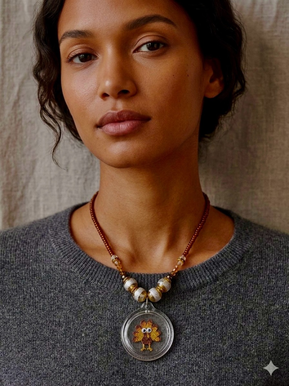 Brown Beaded Necklace with Gold-Accent Turkey pendant